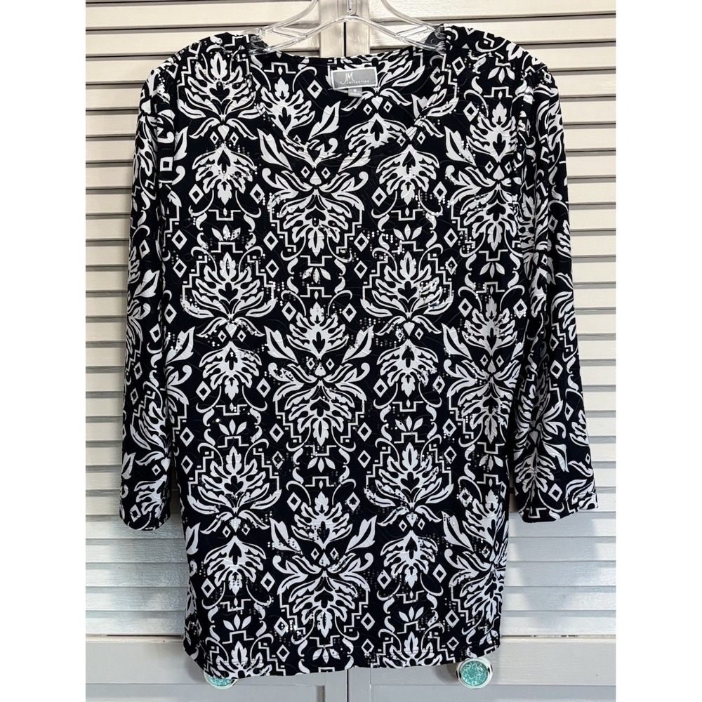 JM‎ Collection Floral Long Sleeve Round Neck Sequins Blouse Size M Flowy Work